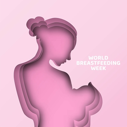 World Breast Feeding week design. illustration of woman breastfeeding a baby, pink background, paper style