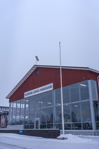 Hangar for Douglas DC-2 airplane Hanssin Jukka in Tuulonen shopping center. Hameenlinna, Finland. February 23, 2023.