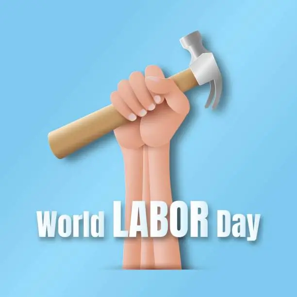 Vector illustration of World Labor Day with hand and hammer, paper cut style