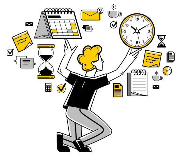 Vector illustration of Business worker planning tasks and create time management vector outline illustration, productivity multitask prioritization, deadline and zero hour.