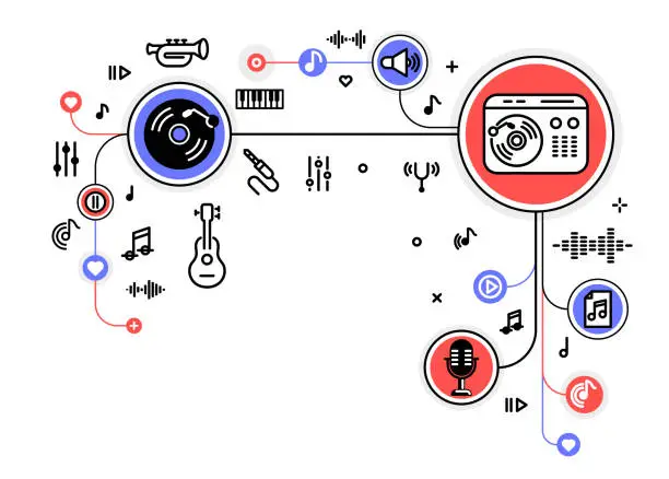 Vector illustration of Music producing composing new track vector outline illustration, sound engineering in recording studio, composing creating audio mix.