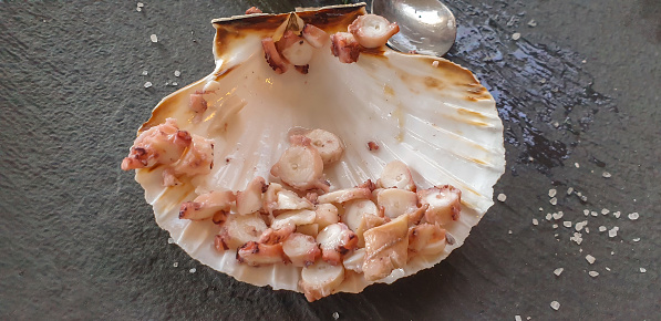 Octopus salad served on a shell on black plate