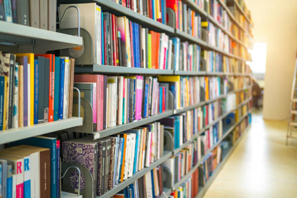 istock Bookshelves in the public library 1474897147