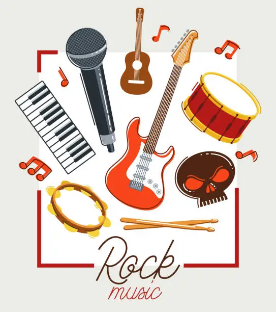 Vector illustration of Rock music band vector poster flat illustration isolated over white background, hard rock and heavy metal live sound festival or concert flyer or advertising banner, rock n roll musical band playing.