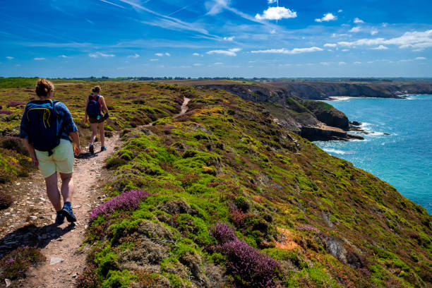Cliffs And Hiking Trail At Atlantic Coast Of Cap Frehel In Brittany, France stock photo