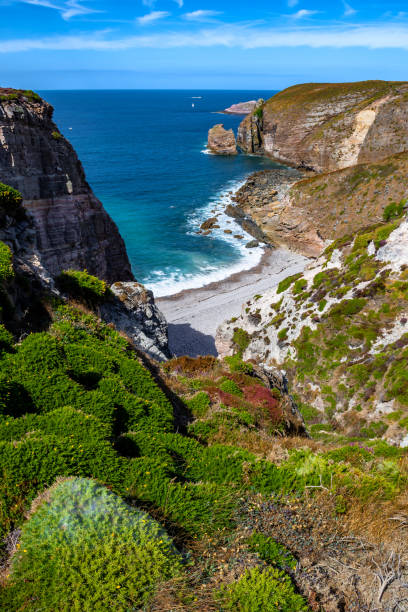 espectaculares acantilados y playa de arena en la costa atlántica de cap frehel en bretaña, francia - frehal fotografías e imágenes de stock