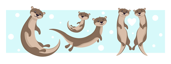 Vector illustration cute and beautiful otters on white background. Charming characters in different poses swim underwater in cartoon style.