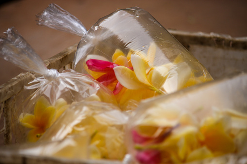 Horizontal closeup photo of brightly coloured, scented Frangipani flowers in plastic bags for sale on a stall at the early morning traditional market on Jalan Raya, Ubud, Bali. Soft focus background.