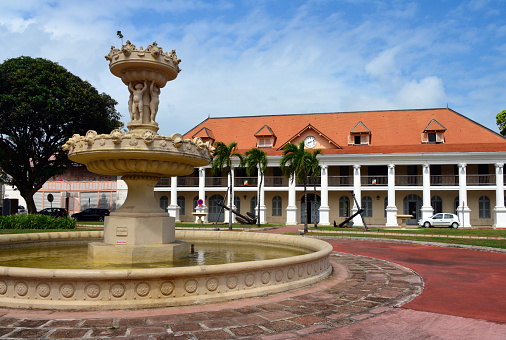 Cayenne, French Guiana: French Guiana Prefecture Building and Montravel fountain on Léopold-Héder Square, seat of the Prefect of French Guiana. It was originally built as a monastery of the Jesuits. In 1762, when the Jesuits were expelled from the colony it became the headquarters of the French Colonial Government.