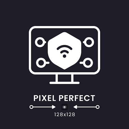 Endpoint security white solid desktop icon. Device management. Antivirus protection. Pixel perfect 128x128, outline 4px. Silhouette symbol for dark mode. Glyph pictogram. Vector isolated image