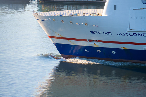 Gothenburg, Sweden - september 01 2022: Stena Line ferry on its way to port in early morning sun.
