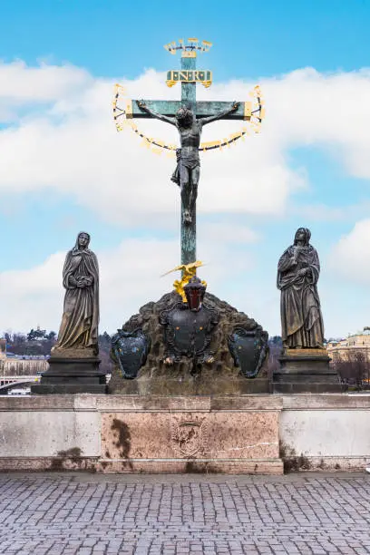 Statuary of the Holy Crucifix and Calvary  on Charles Bridge, Prague, Czech Republic.