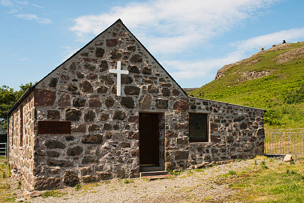 The church which the islanders use today is the St Columba's R.C. church. It was built around 1770, then it became a shop and a Post Office when Robert Thom allowed the Marquess of Bute to build a chapel on Sanday.  In 1963 it became a church again. 57