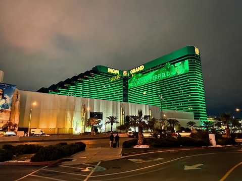 Las Vegas, Nevada - March 14, 2023 - Exterior view of the MGM Grand Hotel Casino and Boxing Venue Lit Up at Night in Las Vegas Nevada