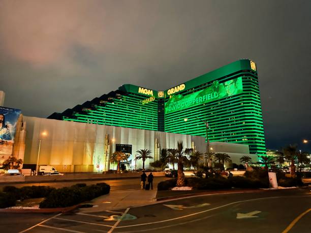 Wide View of The MGM Grand on the Las Vegas Strip Las Vegas, Nevada - March 14, 2023 - Exterior view of the MGM Grand Hotel Casino and Boxing Venue Lit Up at Night in Las Vegas Nevada las vegas pyramid stock pictures, royalty-free photos & images