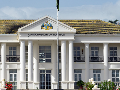 Roseau, Commonwealth of Dominica: neo-classical façade of the State House, aka Government House - official residence of the President of Dominica. Built as the palace of the colonial governors of Dominica.