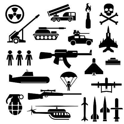 War and Military vector icons collection. Weapon symbols set.
