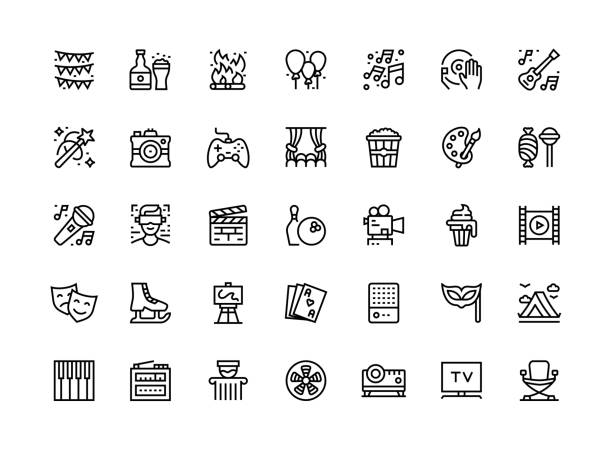 ilustrações, clipart, desenhos animados e ícones de série de conjuntos de ícones de linha fina de entretenimento - dvd player computer icon symbol icon set