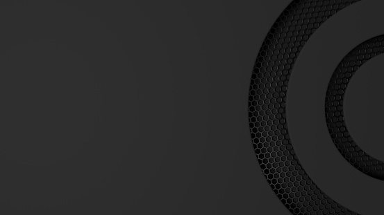 Black background with round hexagon grid. Concept for music banner. 3D rendered image