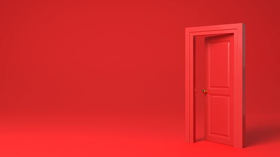 Half open door frame in the middle of the room on red background. 3D rendered image