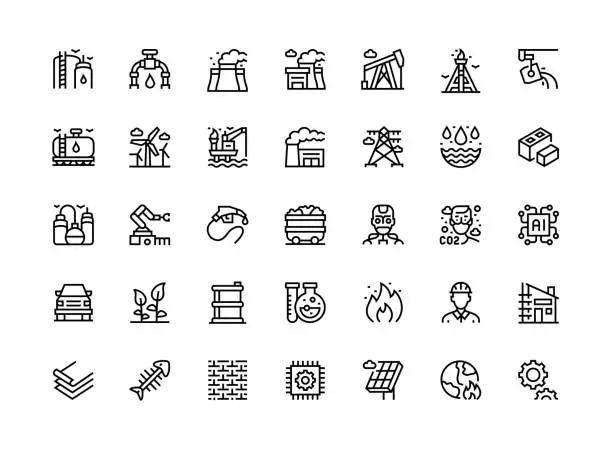 Vector illustration of Heavy and Power Industry Thin Line Icon Set Series