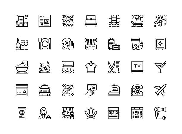 ilustraciones, imágenes clip art, dibujos animados e iconos de stock de hotel service thin line icon set series - lugar turístico