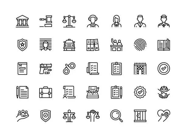 Vector illustration of Law And Justice Thin Line Icon Set Series
