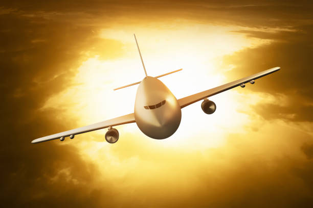 istock Airplane flying sunset on 3d illustration 1474911338