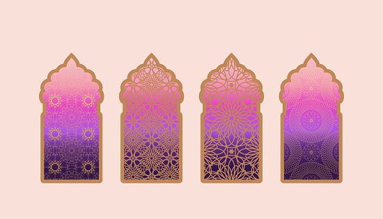 Arabic silhouettes set window or gate, and arches, mosque, stars and crescent Ramadan Kareem, Eid Mubarac islamic holiday design Vector template decorative frame, cover, banner modern abstract print