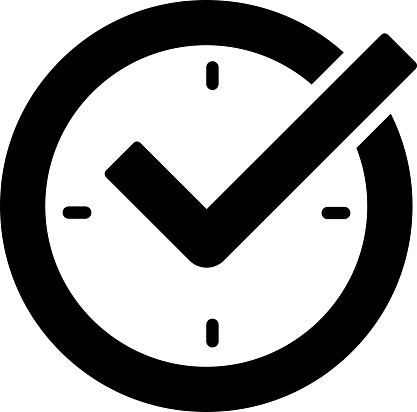 Check mark on clock, real time protection icon vector