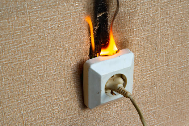 istock Fire of electrical wiring and electrical outlets. Faulty electrical wiring causes fires. 1474919903