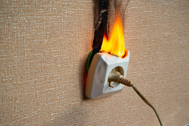 istock Fire of electrical wiring and electrical outlets. Faulty electrical wiring causes fires. 1474919918