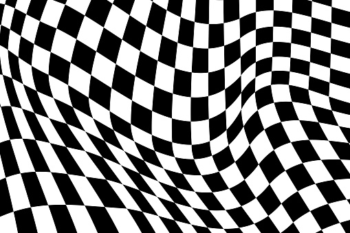 Psychedelic pattern with warped black and white squares. Distorted race flag texture. Checkered optical illusion. Wavy chess board background. Trippy checkerboard surface. Vector flat illustration