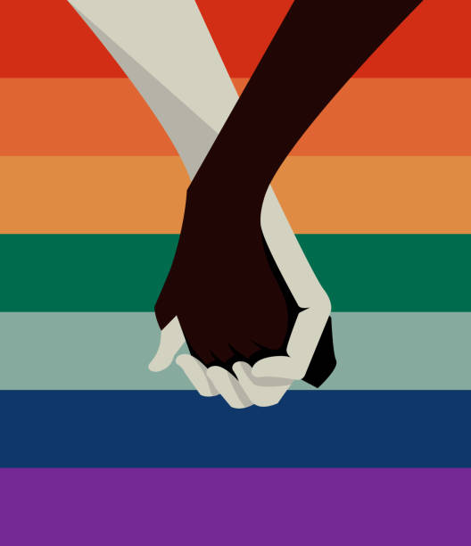 Silloutte of hands together on a lgbtq rainbow. vector art illustration