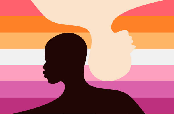 Silhouette of interracial couple over lesbian flag background. vector art illustration