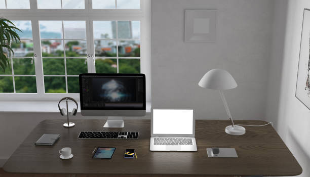 istock Working table with computer, laptop, mobile phone in home office working room. 3D rendering. 1474925743