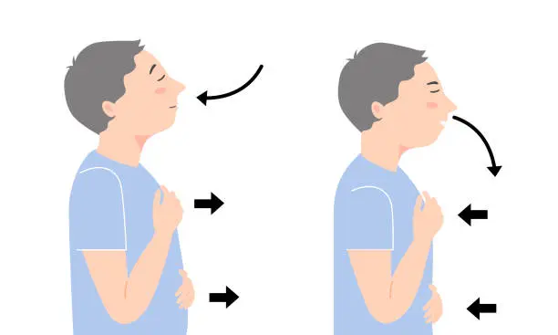 Vector illustration of Two boy standing and do breathing exercise for stress Relief, flat vector illustration.