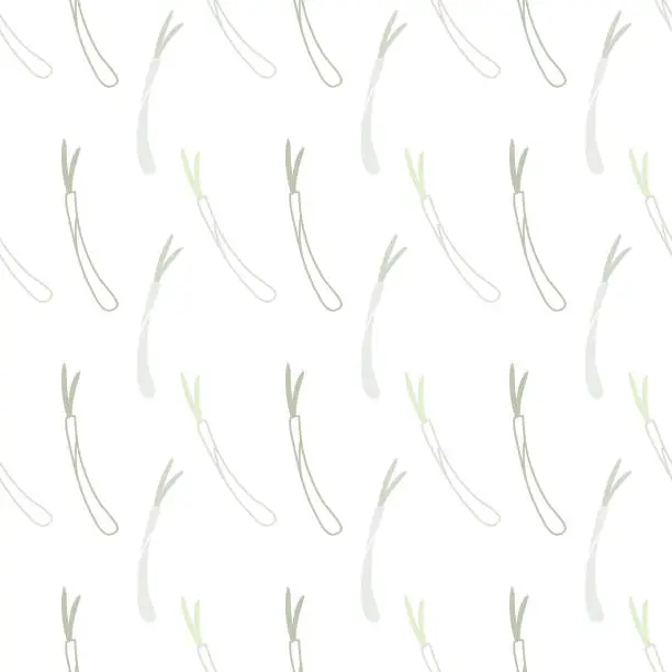 Vector illustration of seamless pattern with green onion on transparent background.