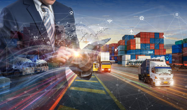 istock Smart logistics and transportation. Concept, Businessman use tablet and analyzing on logistic global network distribution on world map background 1474927326
