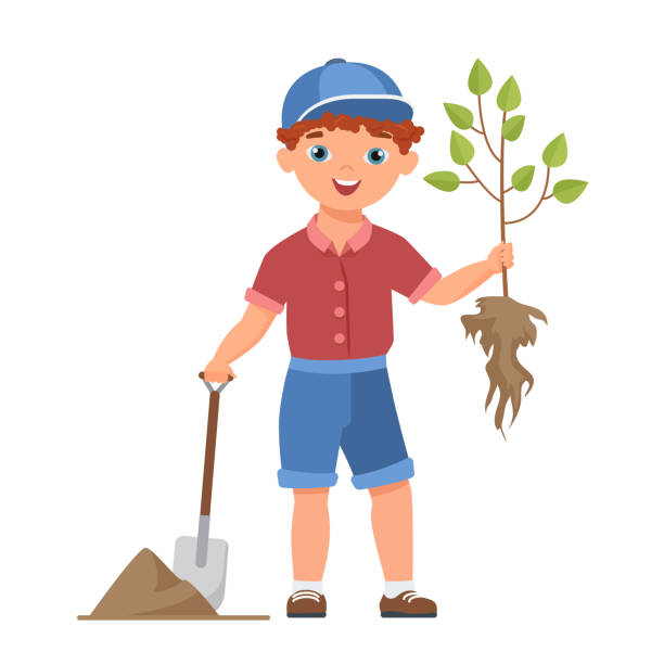 Little boy planting a tree Little boy planting a tree. Happy child gardening, save nature vector cartoon illustration farmer son stock illustrations