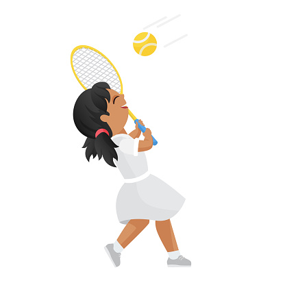 Little girl playing tennis. Outdoor sport activity for children, active kids vector cartoon illustration
