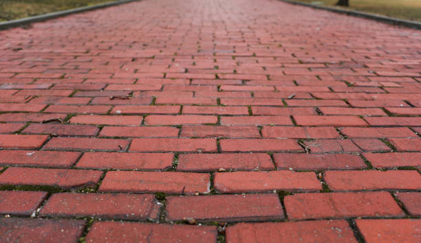 Brick sidewalk depicting a journey and pathway for future and forward thinking detailed footpath on ground walkway giving perspective in an urban setting street pavement and brick landscape design
