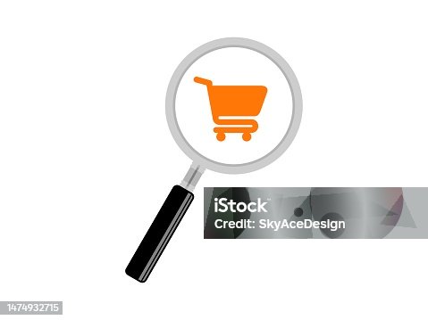 istock Magnifying glass with shopping cart 1474932715