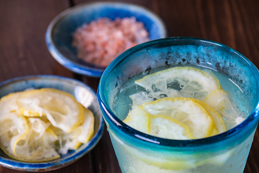 Homemade sports drink. A drink made with rock salt and lemon.