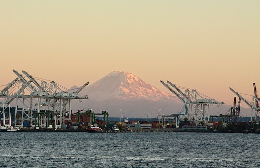 Mt. Rainier at sunset as seen from the Port of Seattle