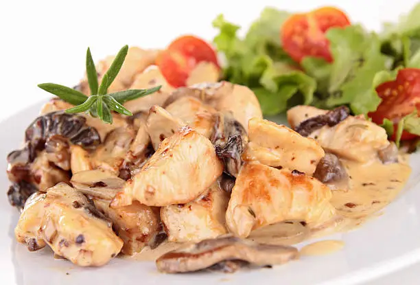 grilled meat with cream and mushrooms