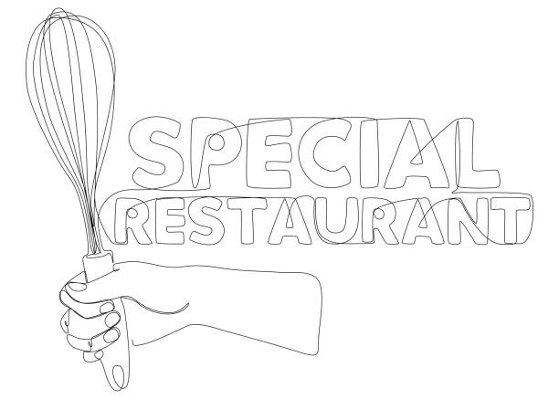 One continuous line of hand holding Kitchen Utensil with Special Restaurant text. Thin Line Illustration vector concept. Contour Drawing Creative ideas.