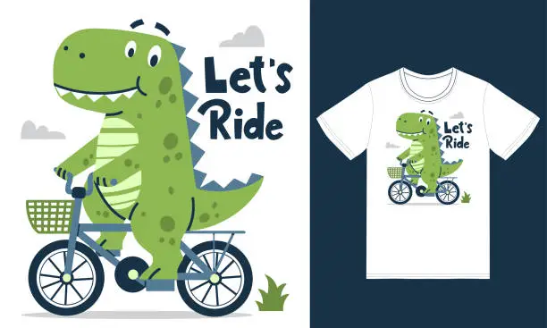 Vector illustration of Cute dinosaur riding bike illustration with tshirt design premium vector
