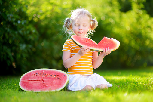 Funny little girl biting a slice of watermelon outdoors on warm and sunny summer day