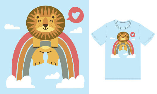cute lion in rainbow illustration with tshirt design premium vector the Concept of Isolated Technology. Flat Cartoon Style Suitable for Landing Web Pages,T shirt, Flyers, Stickers